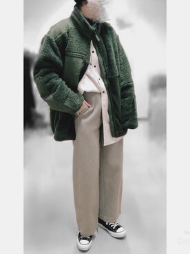 「ノーカラーシャツ」｜「アイテム（その他アウター）」を使った、やまちゃん𓃹さん（レディース・158cm）の冬コーディネート