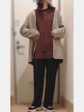 「サテンパンツ」｜「アイテム（ノーカラージャケット）」を使った、やまちゃん𓃹さん（レディース・158cm）の秋コーディネート