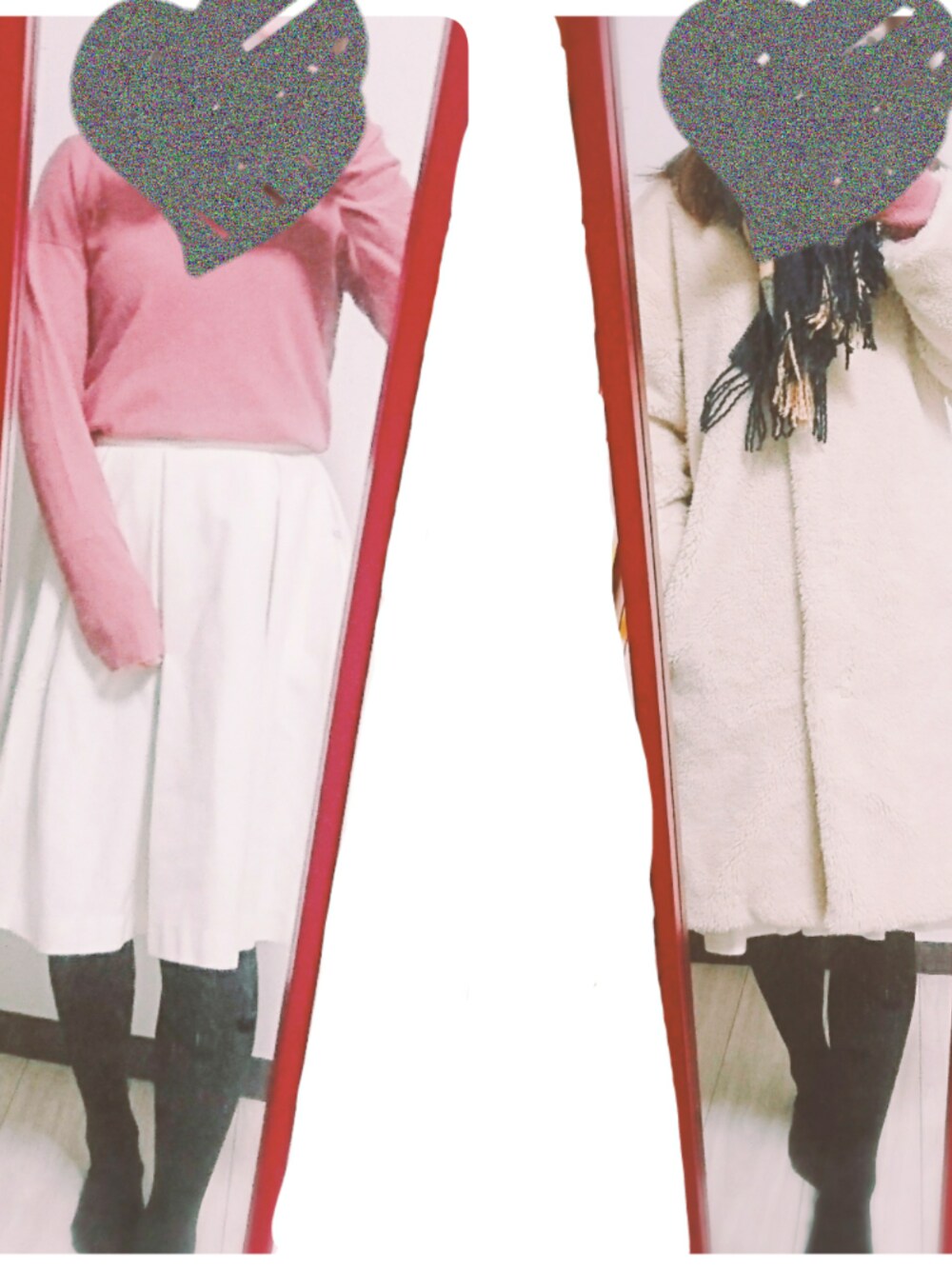 ホワイト系のスカート、ピンク系のニット/セーター、ホワイト系のその他アウターを着用したレディースの冬コーディネートの1枚目の写真