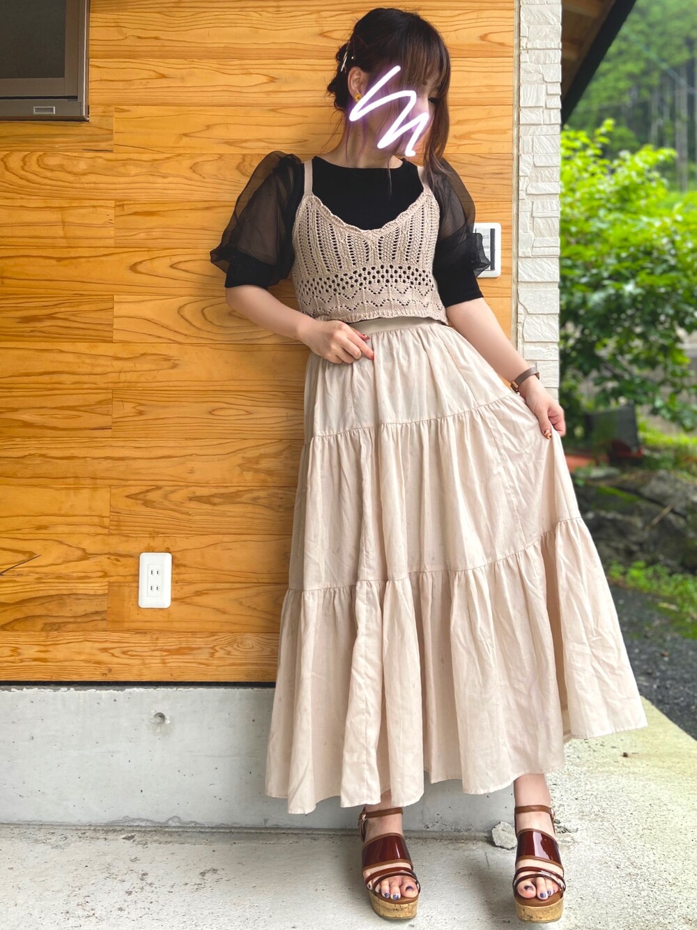 「Heatherのカギバリニットビスチェ　884385（ベスト、ベージュ系）」を使った、RiSa＊さん（レディース・163cm）の夏コーディネートの1枚目の写真