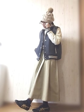 「メガネ女子」｜「アイテム（スタジャン）」を使った、naho♥︎∗*ﾟさん（レディース・162cm）の冬コーディネート