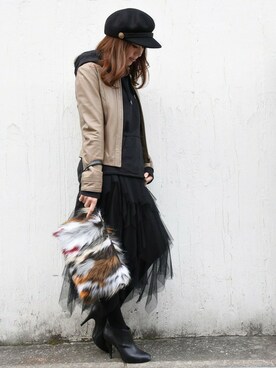 「アイテム（クラッチバッグ）」を使った、chikaさん（レディース・153cm）の冬コーディネート