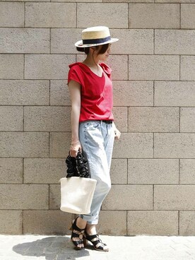 「PLAIN CLOTHING（プレーンクロージング）のアイテム（かごバッグ）」を使った、chikaさん（レディース・153cm）の夏コーディネート