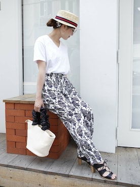 「PLAIN CLOTHING（プレーンクロージング）のアイテム（かごバッグ）」を使った、chikaさん（レディース・153cm）の夏コーディネート