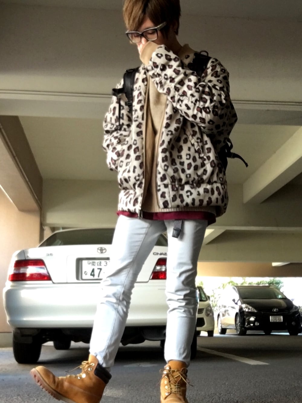 「ELVIRA、Timberland、GU、スキニー、柄物」｜「ELVIRAのアイテム（ブルゾン、ベージュ系）」を使った、かめさん（メンズ・169cm）の冬コーディネートの1枚目の写真