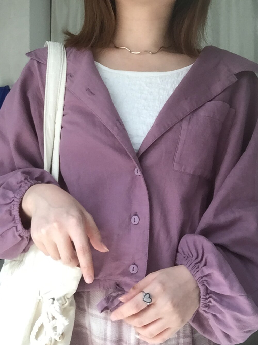 「秋、Kastane、Heather、女子力UP、code、purple、低身長、洋服好きさんこの指と〜まれっ☝️☺️」｜「Heatherのドルマンシャツ長袖　808989（シャツ/ブラウス、パープル系）」を使った、電波ルルさん（レディース・158cm）の秋コーディネートの1枚目の写真