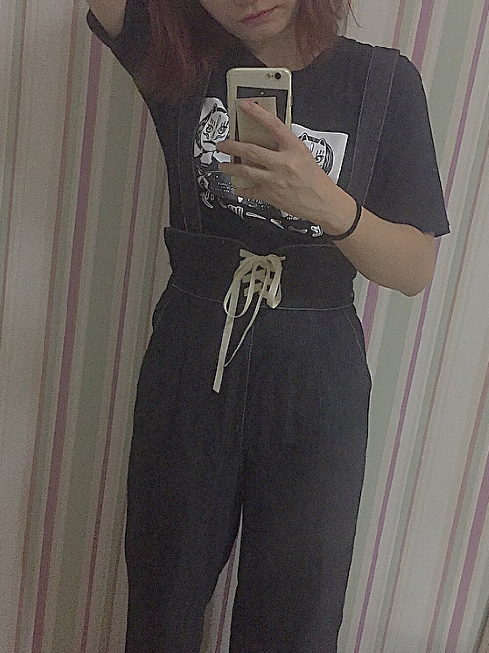「one after another NICE CLAUPのサスペンダー付レースアップワイドパンツ（その他パンツ、ブラック系）」を使った、電波ルルさん（レディース・158cm）の夏コーディネートの1枚目の写真