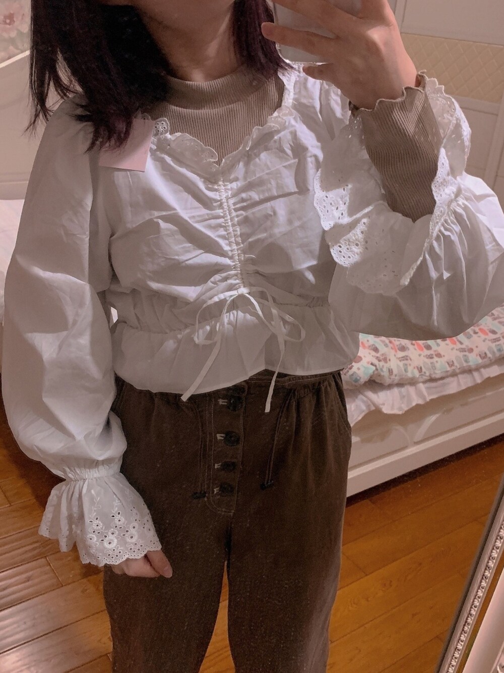 「nice claup、ナイスクラップ、コーデ、one after another NICE CLAUP」｜「one after another NICE CLAUPのvintage風セットブラウス（シャツ/ブラウス、ホワイト系）」を使った、電波ルルさん（レディース・158cm）の冬コーディネートの1枚目の写真