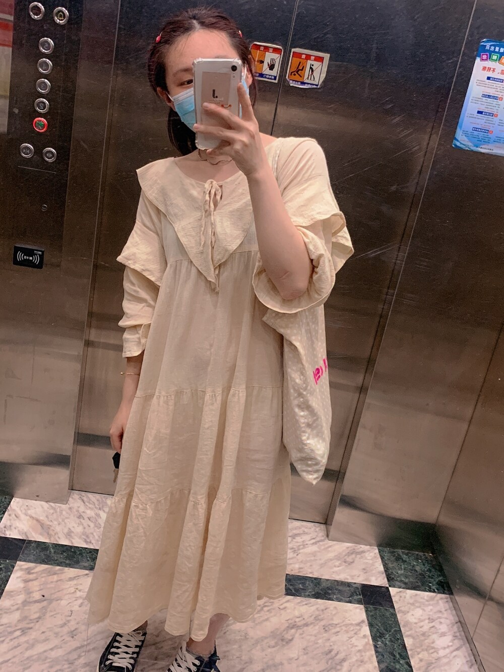 「jumelle、おしゃれさんと繋がりたい」｜「jumelleのflare op（ワンピース、ベージュ系）」を使った、電波ルルさん（レディース・158cm）の春コーディネートの1枚目の写真