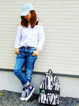 「Lee（リー）のアイテム（キャップ、ブルー系）」を使った、tomochaoさん（レディース・150cm）の春コーディネート