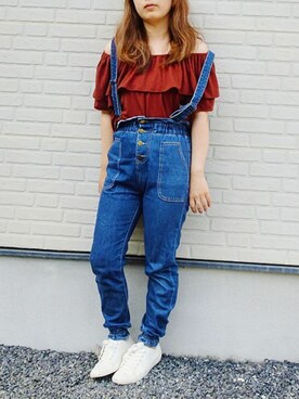 「UNIQLO（ユニクロ）の2WAYラッフルオフショルダーT（半袖）（Tシャツ/カットソー、ブラウン系）」を使った、tomochaoさん（レディース・150cm）の夏コーディネート