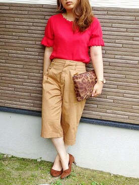 「しまむら（シマムラ）のアイテム（Tシャツ/カットソー、レッド系）」を使った、tomochaoさん（レディース・150cm）の夏コーディネート