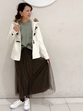 「earth music&ecology（アースミュージックアンドエコロジー）のチュールプリーツスカート＊（スカート）」を使った、MEGさん（レディース・160cm）の冬コーディネート