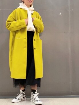 「Green　Parks（グリーンパークス）のアイテム（ノーカラーコート）」を使った、MEGさん（レディース・160cm）の冬コーディネート