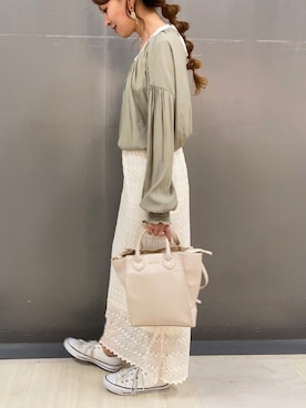 「Green　Parks（グリーンパークス）のギャザー配色チュニック＊（Tシャツ/カットソー）」を使った、MEGさん（レディース・160cm）の春コーディネート