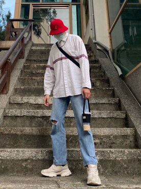 「KANGOL（カンゴール）のアイテム（帽子、レッド系）」を使った、Zackさん（メンズ・183cm）の冬コーディネート