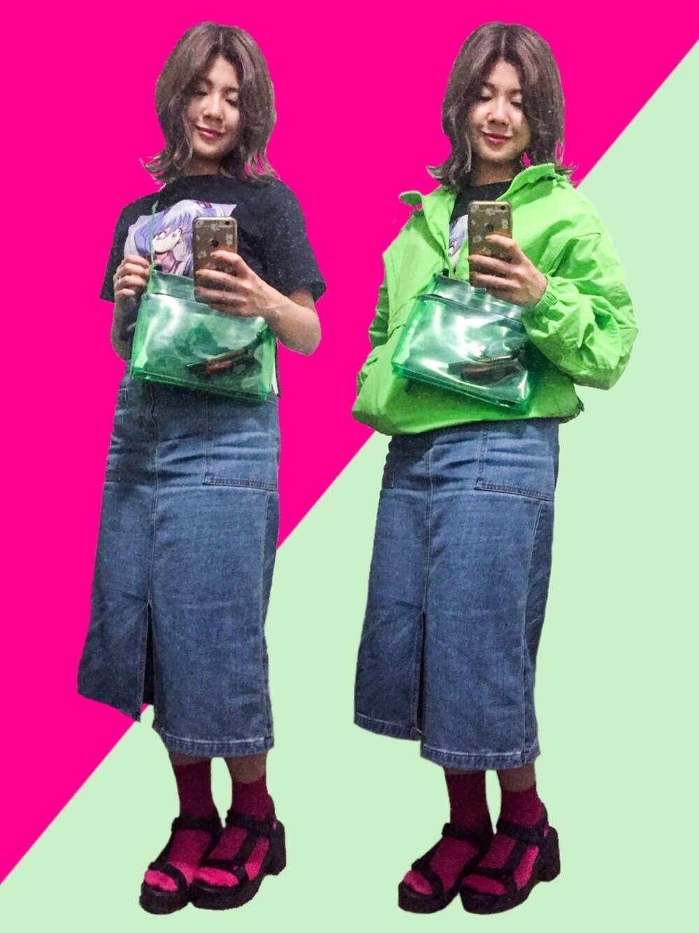「neon、transparent、Bershka、PANTONE、street」｜「heartpuffのアイテム（Tシャツ/カットソー、ブラック系）」を使った、enaさん（レディース・163cm）の秋コーディネートの1枚目の写真