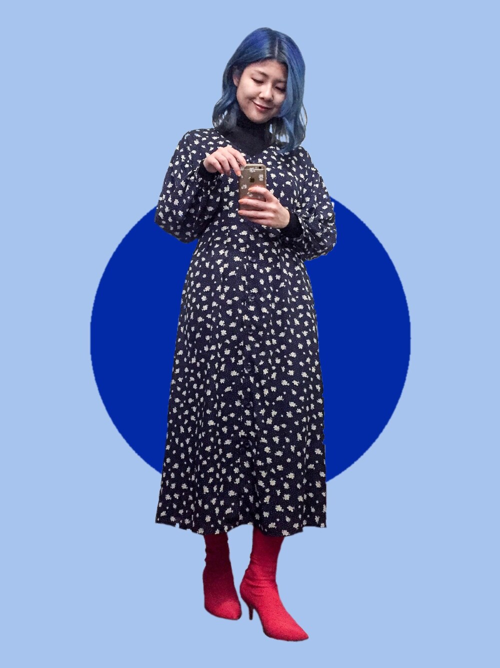 「blue、bluehair、redboots」｜「ZARAのアイテム（ニット/セーター、ブラック系）」を使った、enaさん（レディース・163cm）の秋コーディネートの1枚目の写真