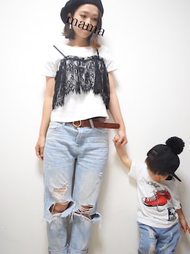 「MERCURYDUO（マーキュリーデュオ）のアイテム」を使った、keishin&otokaさん（キッズ・80cm）の春コーディネート