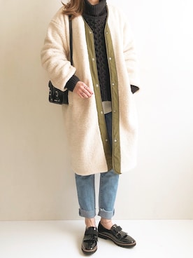 「VENCEEXCHANGE（ヴァンスエクスチェンジ）のアイテム（ノーカラージャケット）」を使った、Ayumiさん（レディース・157cm）の冬コーディネート