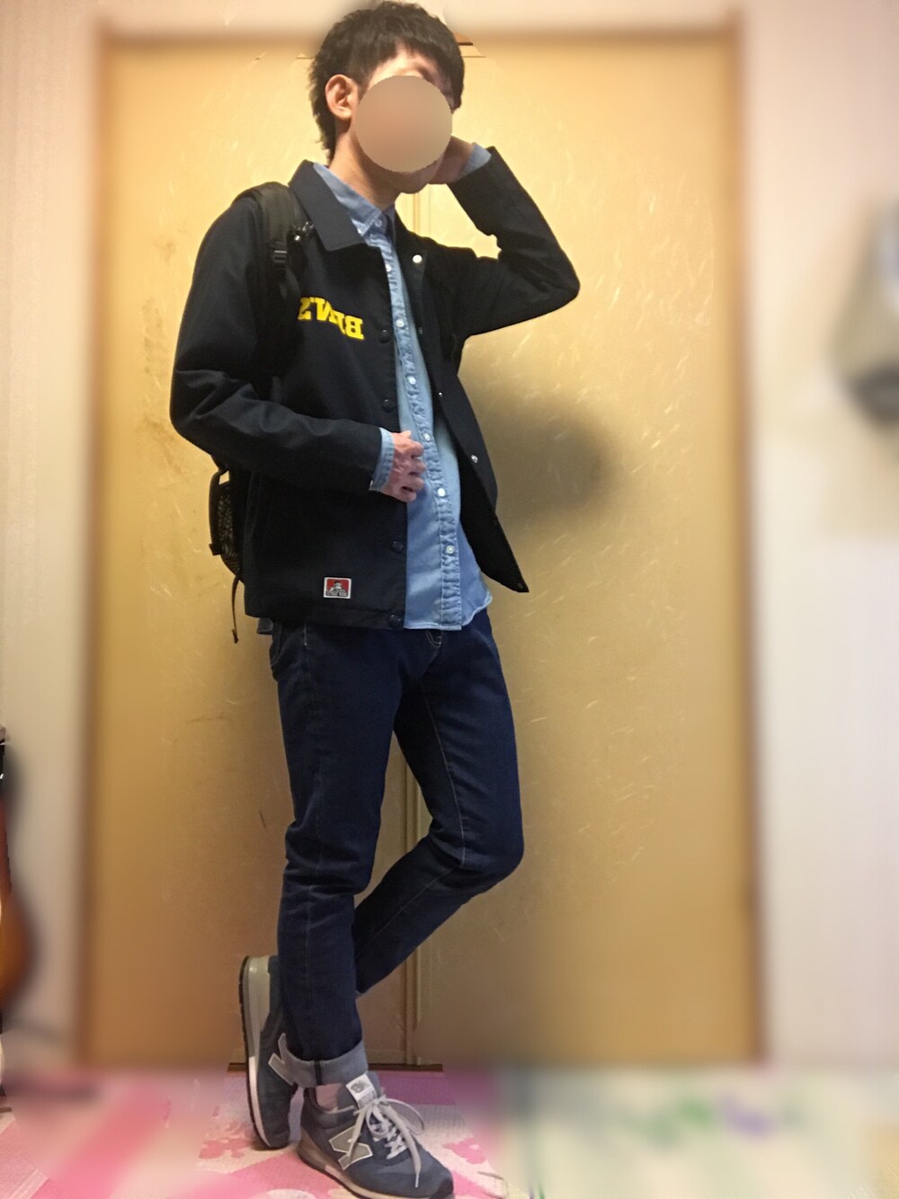 「シンプル、カジュアルコーデ、春コーデ、ロールアップ、コーチジャケット、シャツスタイル、BEN DAVIS、New Balance、THE NORTH FACE」｜「NEW BALANCEの◇NEW BALANCE / ニューバランス M996 COL UPDATE（スニーカー、ブルー系）」を使った、shikataさん（メンズ・171cm）の春コーディネートの1枚目の写真