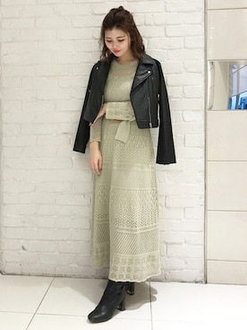 「ミントグリーン」｜「アイテム（ライダースジャケット）」を使った、MERCURYDUOさん（レディース・158cm）の冬コーディネート