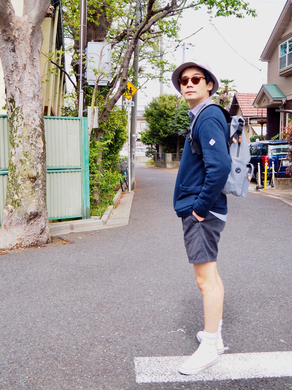 「arvor maree、Steven Alan、GRAMICCI、converse、jimmy fairly、DORFMAN、休日スタイル、半ズボン、コンバース、スニーカー」｜「DORFMAN PACIFICのアイテム（ハット、ベージュ系）」を使った、SASADYさん（メンズ・178cm）の春コーディネートの1枚目の写真