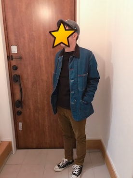 「BLUE BLUE（ブルーブルー）のアイテム（カバーオール）」を使った、とし☆さん（メンズ・167cm）の冬コーディネート