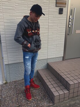 「Timberland（ティンバーランド）のアイテム（ブーツ、レッド系）」を使った、koupiさん（メンズ・172cm・20代）の冬コーディネート