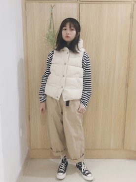 「アイテム（ダウンベスト、ホワイト系）」を使った、ushichanさん（レディース・152cm）の冬コーディネート