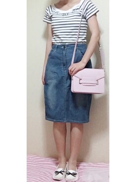 「古着屋のアイテム（デニムスカート、ブルー系）」を使った、はるさん（レディース・155cm）の夏コーディネート