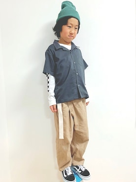 「devirock（デビロック）のオープンカラーシャツ（シャツ/ブラウス）」を使った、コタ＋☻さん（キッズ・130cm）の春コーディネート