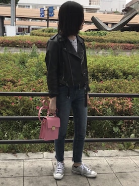 「カットオフ」｜「アイテム（ライダースジャケット）」を使った、MAYUさん（レディース・163cm）の夏コーディネート