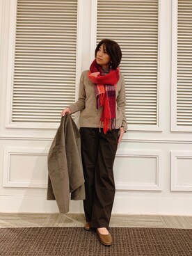 「UNIQLO（ユニクロ）のアイテム（ストール/ショール、レッド系）」を使った、yayonimu84さん（レディース・159cm）の秋コーディネート