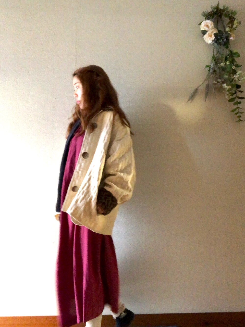 「チビーズ✳︎、チビコーデ、古着、プチプラ、ロングワンピース、ワインレッド、レギンス、春コーデ、アニマル柄、ガーリー」｜「usedのアイテム（ドレス、レッド系）」を使った、MIZUKIさん（レディース・149cm）の春コーディネートの1枚目の写真