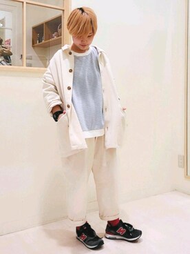 「Samansa Mos2 blue（サマンサモスモスブルー）のボーダーポンチプルオーバー（Tシャツ/カットソー、ブルー系）」を使った、こばみさん（レディース・148cm）の冬コーディネート