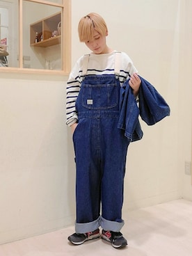 「Samansa Mos2（サマンサ モスモス）のOE天竺パネルボーダーTシャツ（Tシャツ/カットソー、ブルー系）」を使った、こばみさん（レディース・148cm）の冬コーディネート