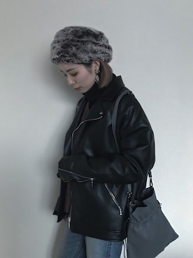 「アイテム（ライダースジャケット）」を使った、Y U M Iさん（レディース・160cm）の冬コーディネート