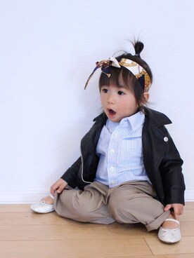 「ストライプ」｜「アイテム（ライダースジャケット）」を使った、nozo◡̈♥︎♡さん（キッズ・80cm）の春コーディネート