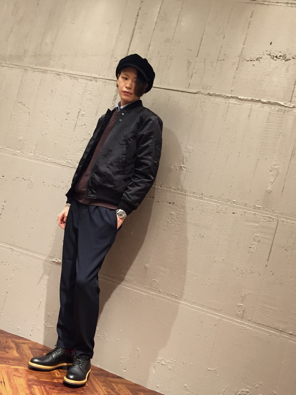 「NANO universeのLIMONTAナイロンMA-1（MA-1、ブラック系）」を使った、nano・universe 名鉄 STAFFさん（メンズ・170cm）の秋コーディネートの1枚目の写真