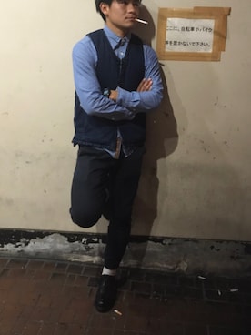 「BLUE BLUE（ブルーブルー）のアイテム（ベスト）」を使った、山口 優作さん（メンズ・168cm）の秋コーディネート
