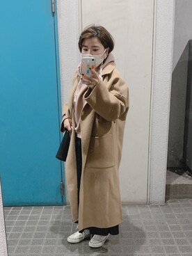 「レザースカート」｜「アイテム（チェスターコート）」を使った、ponさん（レディース・154cm）の冬コーディネート