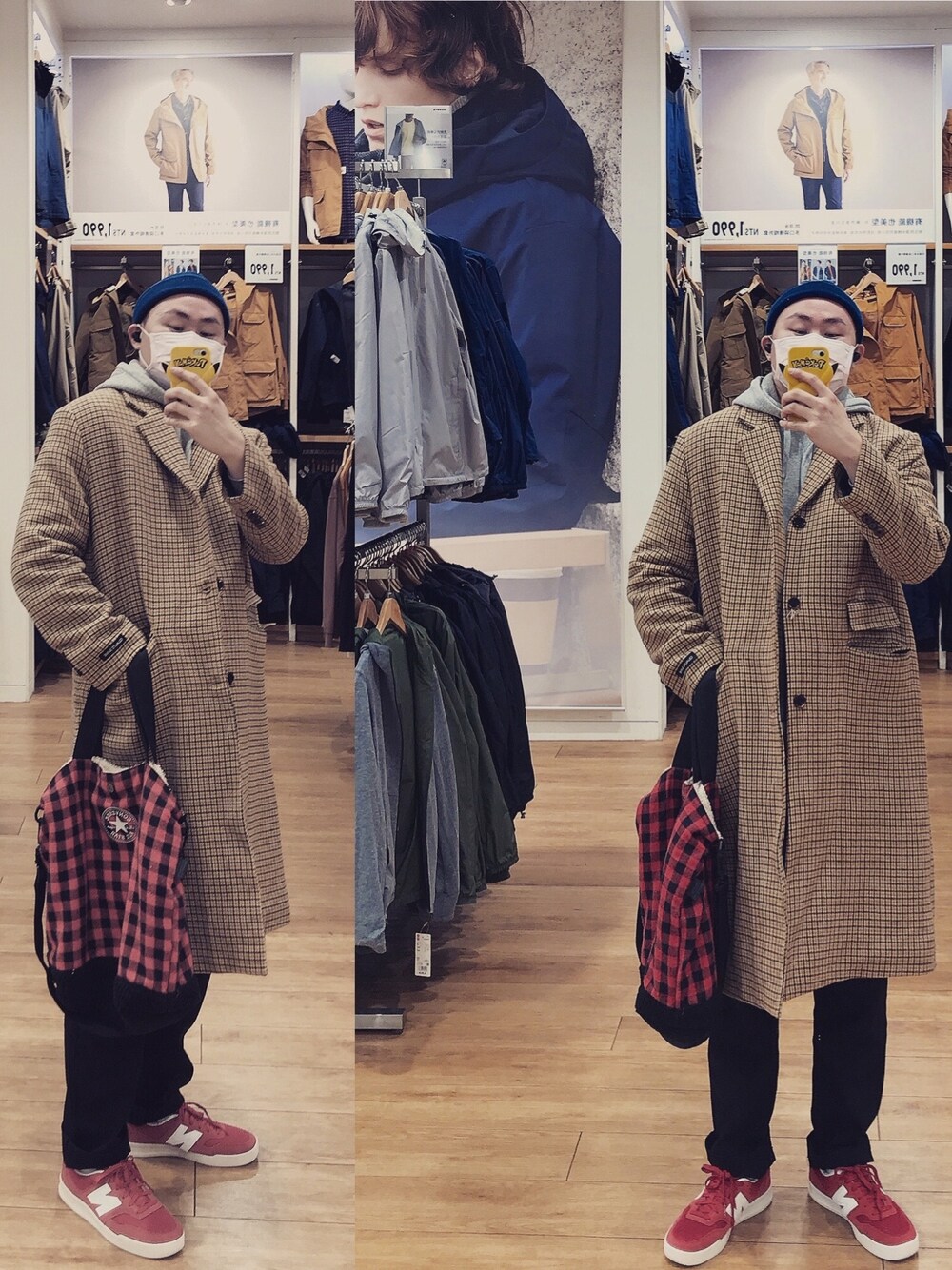 「ootd、wiwt、daily look、mirrorselfie、2020、December、winter、coat、Taiwan」｜「CONVERSEのアイテム（バッグ、レッド系）」を使った、BirKin .Cさん（メンズ・174cm）の冬コーディネートの1枚目の写真