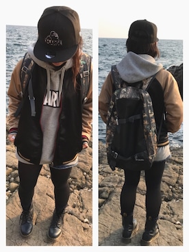 「アイテム（スタジャン、ゴールド系）」を使った、だわらこさん（レディース・150cm）の春コーディネート