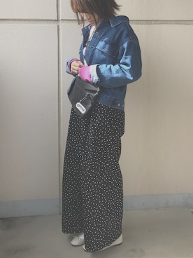 「ドットパンツ」｜「アイテム（デニムジャケット）」を使った、mitanさん（レディース・158cm）の春コーディネート