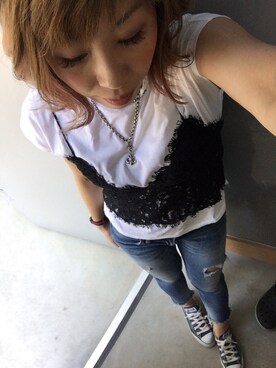 「Ungrid（アングリッド）のフレイドヘムストスリ（デニムパンツ）」を使った、yukinobdさん（レディース・154cm）の春コーディネート