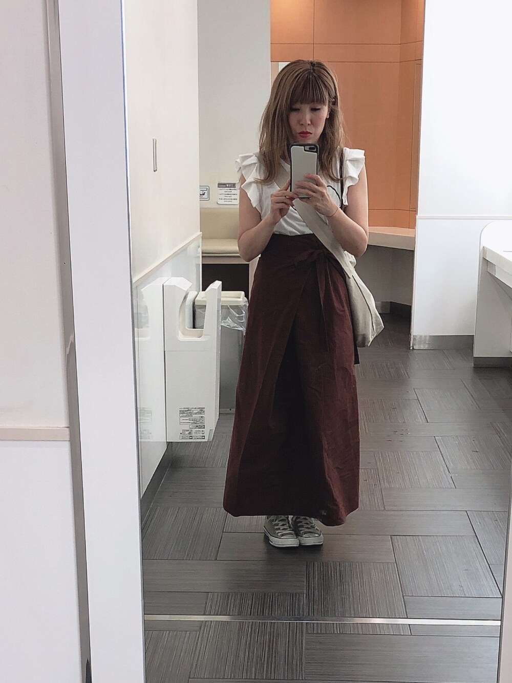 「ラクチンコーデ、大人カジュアル、おしゃれさんと繋がりたい、ootd、ロングスカート、低身長コーデ」｜「note et silence のアイテム（スカート、ブラウン系）」を使った、yukinobdさん（レディース・155cm）の夏コーディネートの1枚目の写真