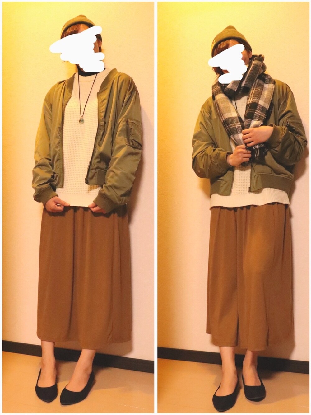 ホワイト系のニット/セーター、グリーン系のMA-1、ブラウン系のスカートを着用したレディースの冬コーディネートの1枚目の写真