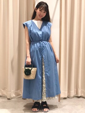 「coen（コーエン）のシーグラスミニかごバッグ（バスケット）（かごバッグ）」を使った、coen のんちゃんさん（レディース・158cm）の夏コーディネート