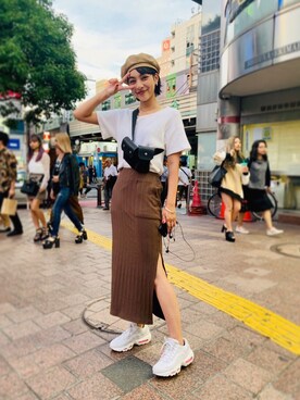 「スリット」｜「アイテム（ハンチング/ベレー帽）」を使った、蒼葉えるさん（レディース・166cm）の夏コーディネート